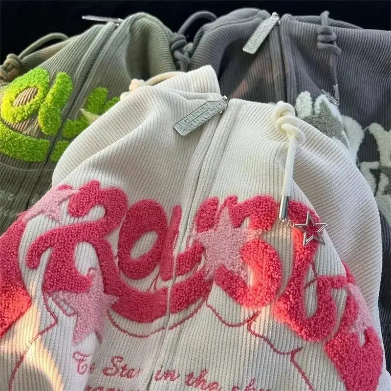 Harajuku Embroidered Zip-Up Hoodie Revra