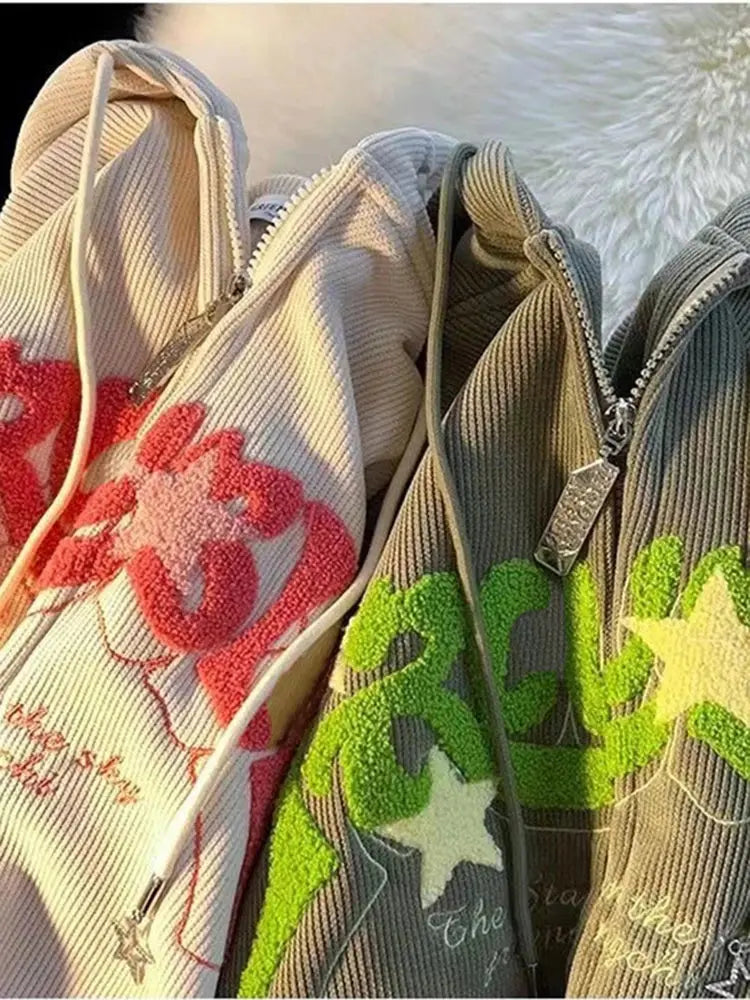 Harajuku Embroidered Zip-Up Hoodie Revra