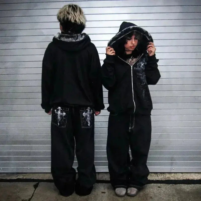 Gothic Skeleton Wide-Leg Jeans Revra