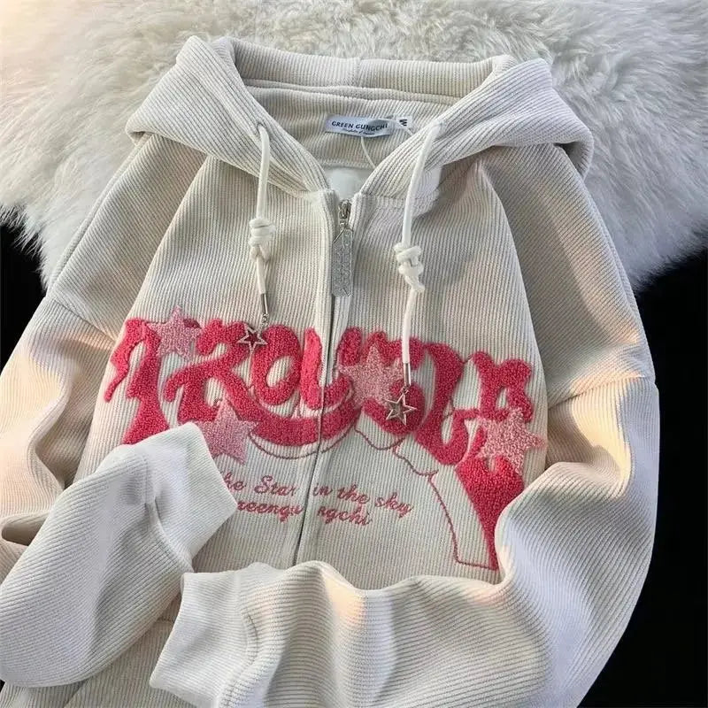 Harajuku Embroidered Zip-Up Hoodie Revra