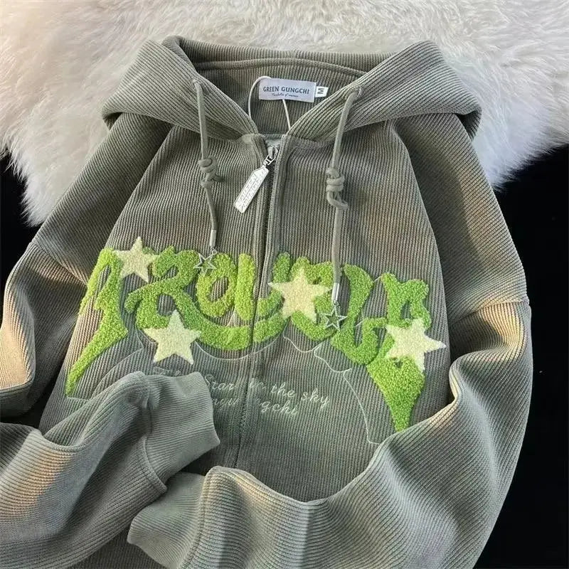 Harajuku Embroidered Zip-Up Hoodie Revra