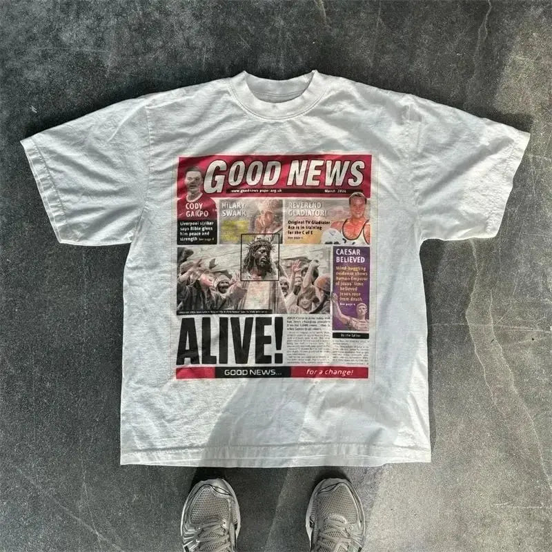 Gothic Harajuku Newspaper Print Tee Revra